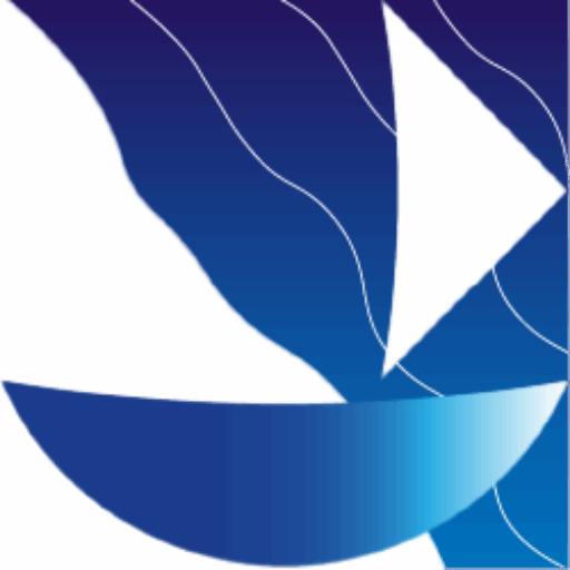 square logo with three main elements; bottom-left triangle all in white representing a shore, upper-right triangle with blue gradient representing waves, and foreground graphic of a simple sailboat